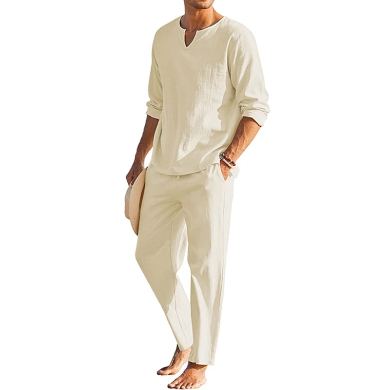 Men's Summer Cotton Linen Clothes Solid Color Long Sleeve Henley Shirt Elastic Waist Drawstring Pants 2 Pieces Loungewear Set