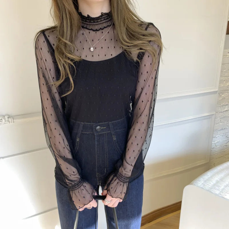 See Through Lace Flower Women's Blouse  Long Sleeve Spring Summer Thin Crop Top