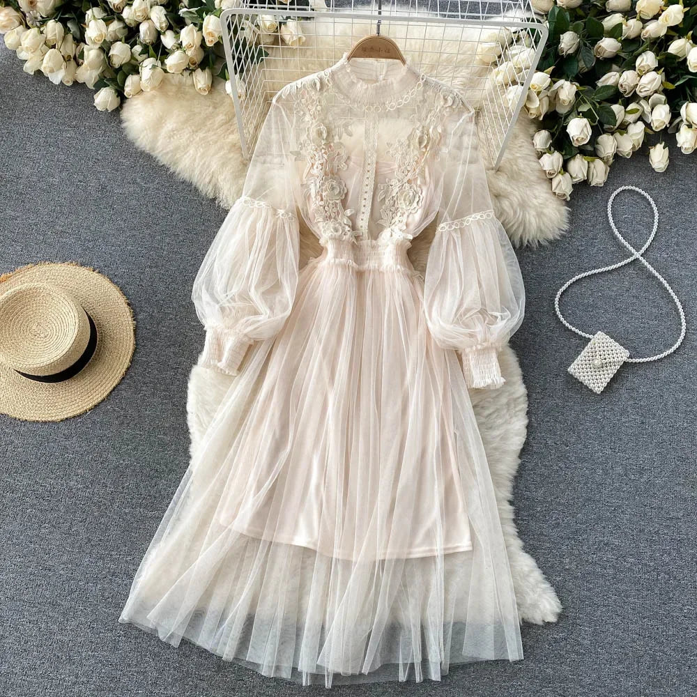 Ladies Dress Three-dimensional Flower Hook Mesh Stand Collar Lantern Sleeve High Waist Female Dresses