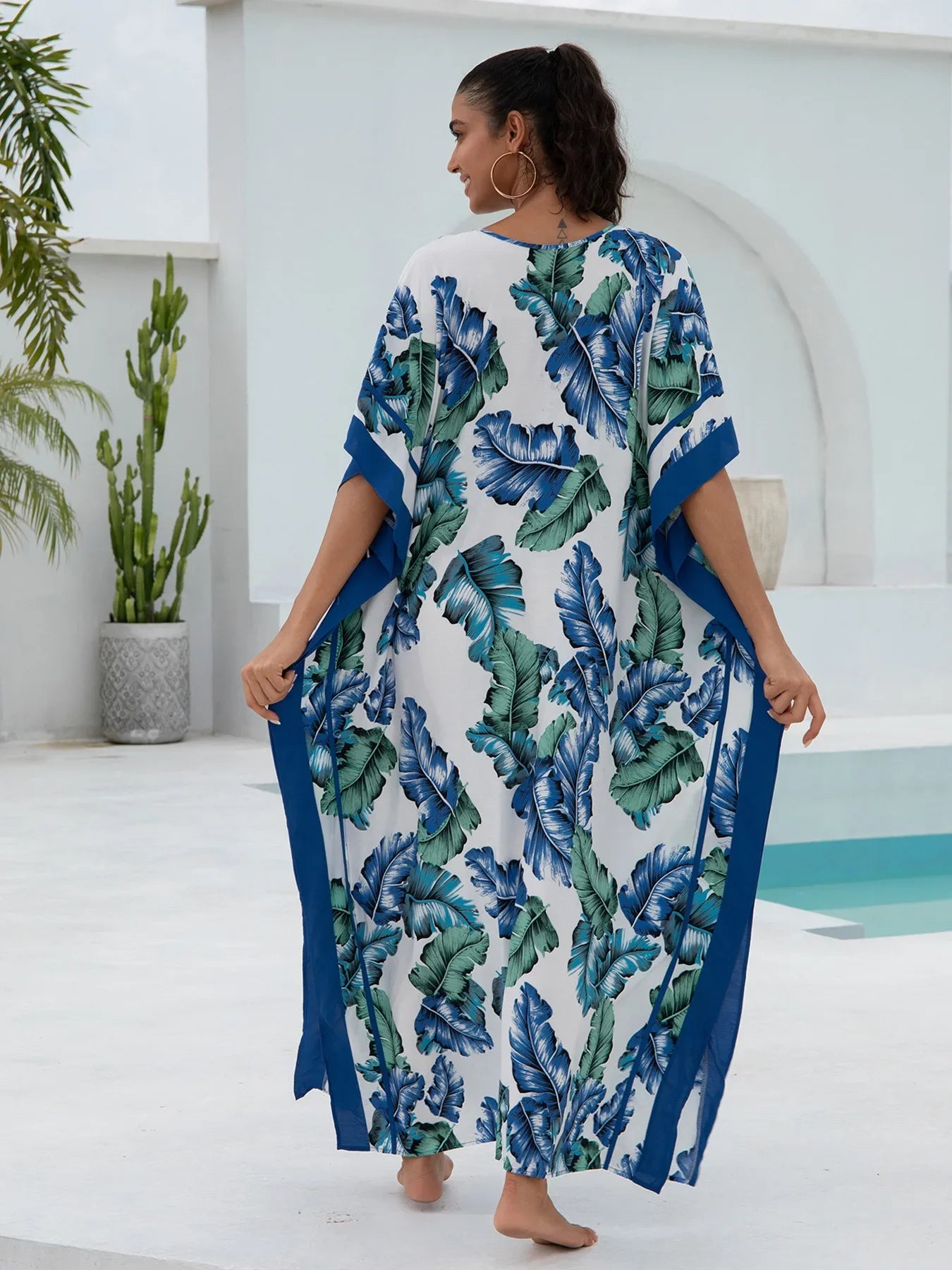 Blue Leaf Print Women Loose Fitting Long Robe Beach Vacation V-neck Sunscreen Clothing