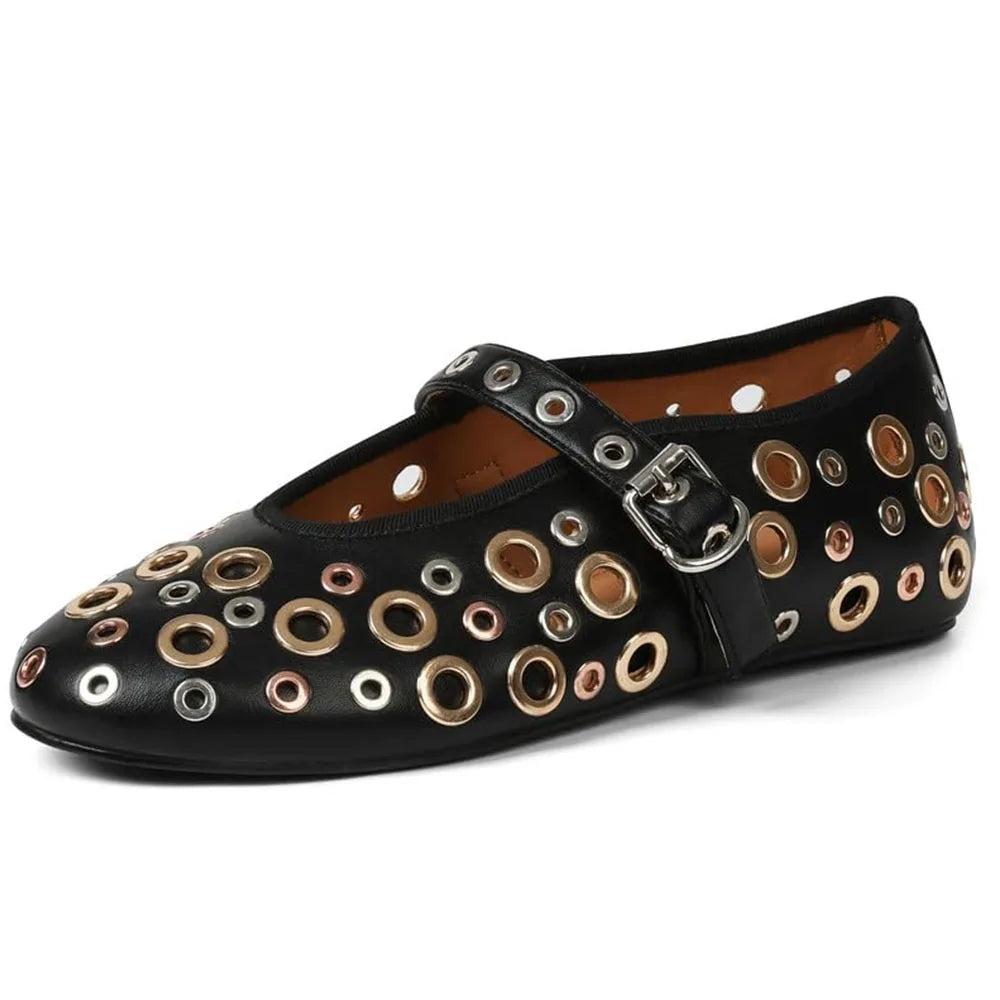 Ballet Flats with Buckle Strap Mesh Perforated Metal Studded Mary Jane