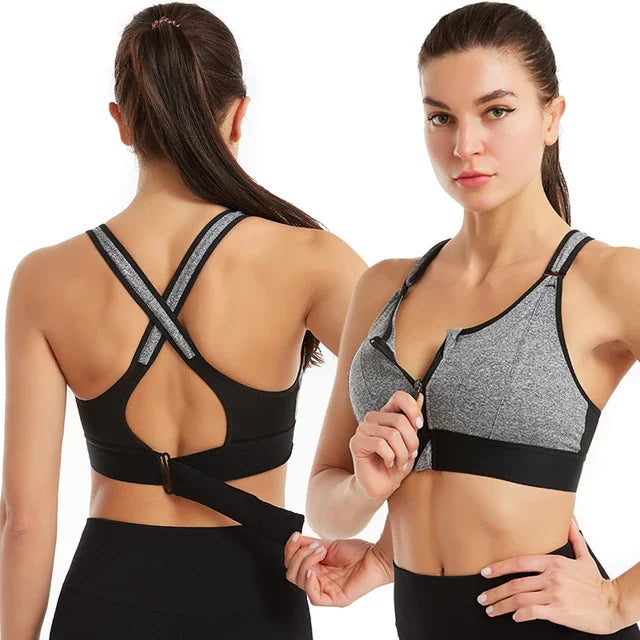 Sports Bra  Crop Top Adjustable Belt Zipper Yoga Running Bras Push Up Vest Shockproof