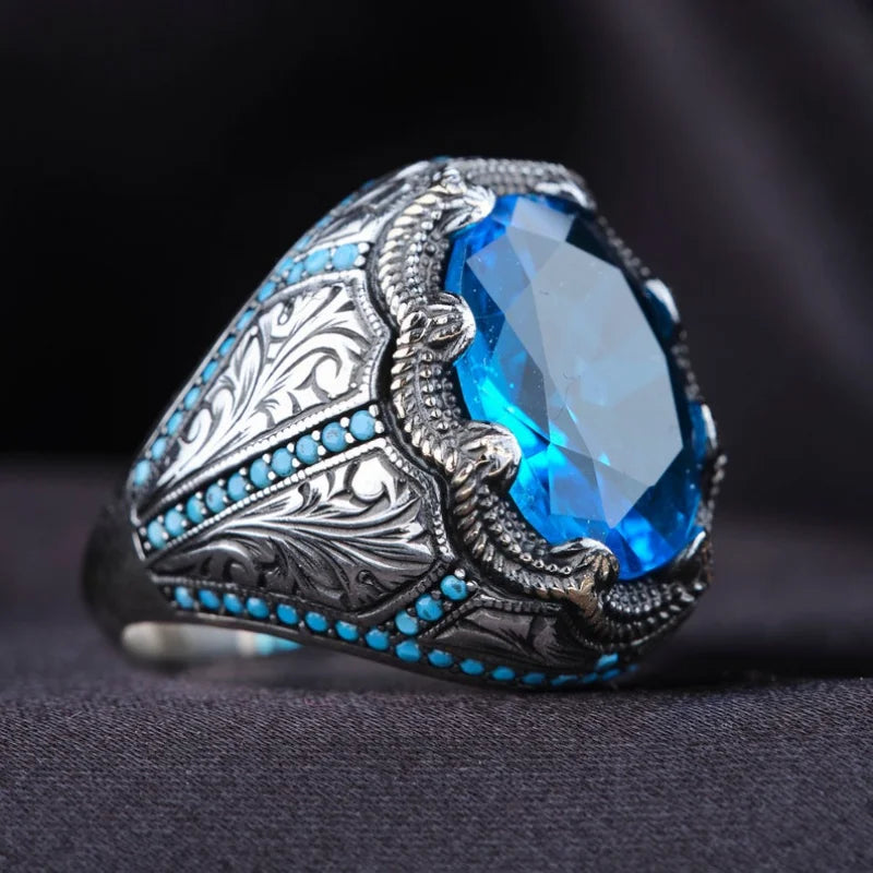 Retro Handmade Turkish Rings for Men Vintage Metal Silver Color Inlaid Blue Zircon  Ring