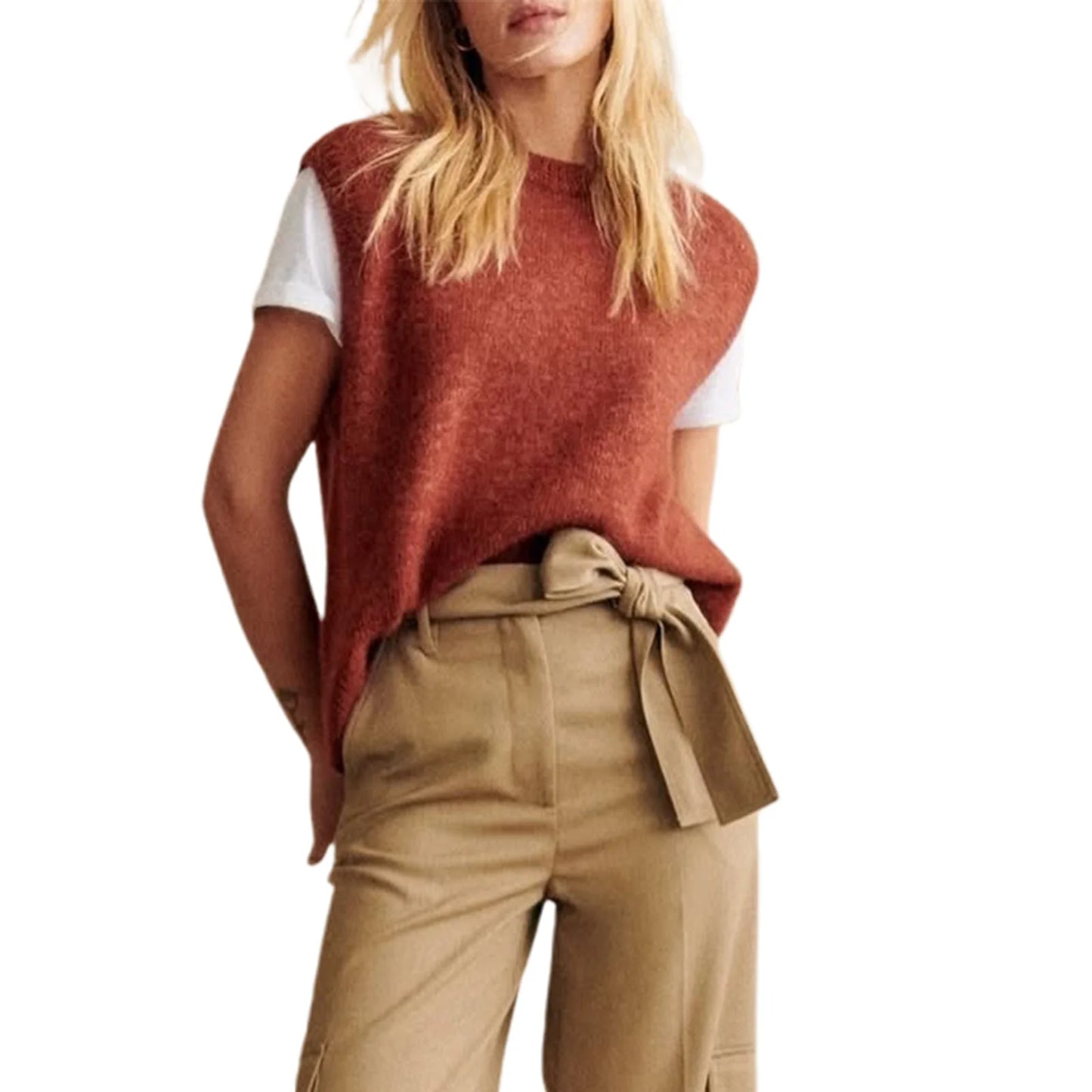 Women s Cozy Knitted Sleeveless Sweater Vest in Solid Color Perfect for Layering and Streetwear Fashion