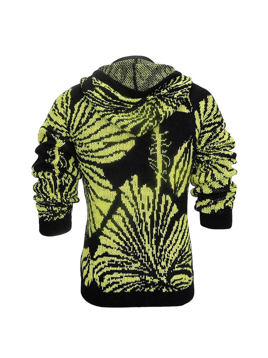 Leaf Print Knitted Hoodie with Long Sleeves and Hooded Design Perfect for Casual Streetwear in Winter and Fall Seasons