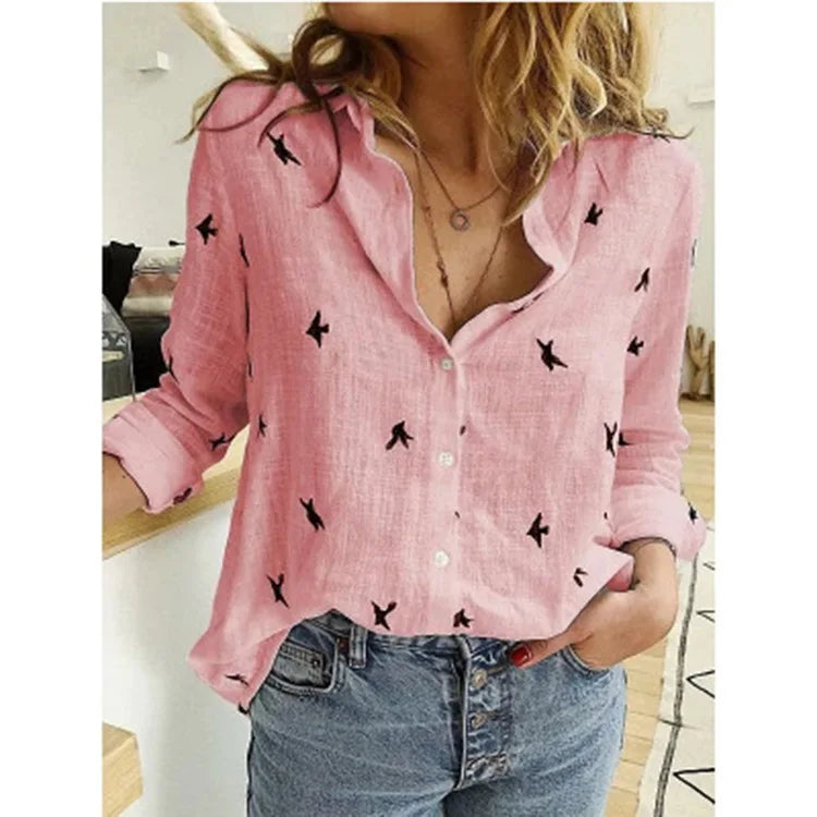 Elegant Cotton Linen Shirts Women Casual Solid Button Lapel Blouses Shirts  Long Sleeve Loose Tops