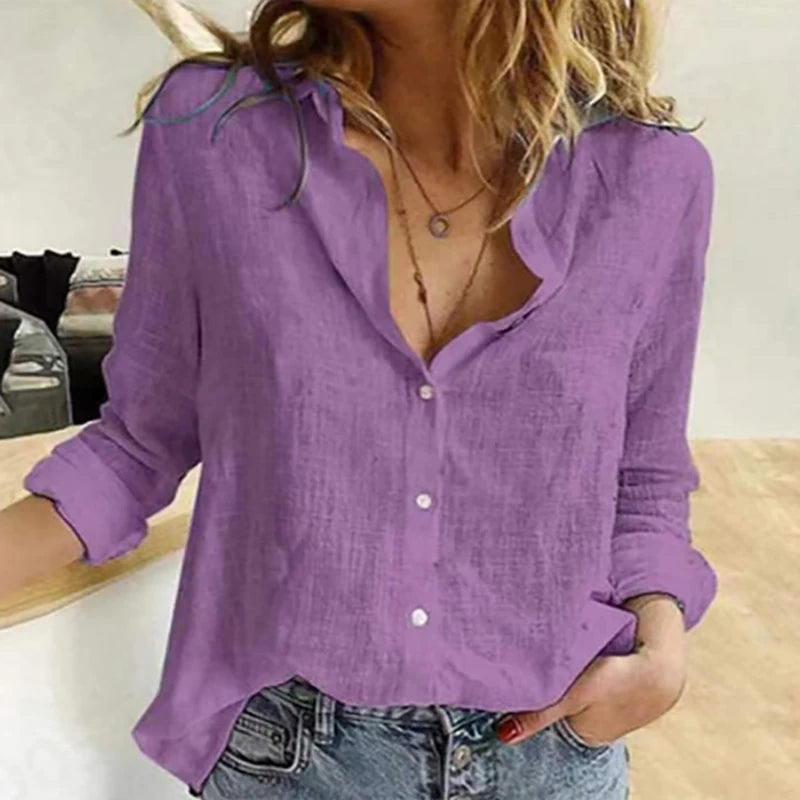 Elegant Cotton Linen Shirts Women Casual Solid Button Lapel Blouses Shirts  Long Sleeve Loose Tops
