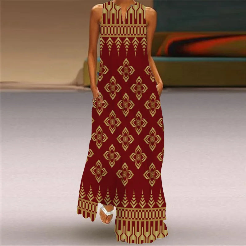 Vintage Print Maxi Dress For Women Summer Loose Sleeveless Long Dresses Elegant Lady V Neck Pocket Boho Beach Sundress Vestidos