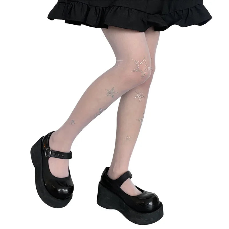 Rhinestone Embellished High Waist Sheer Mesh Tights with Soft Silk Stockings for a Glamorous Look