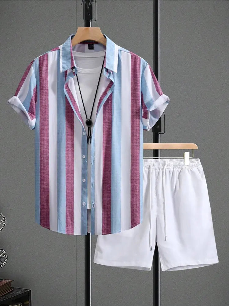 Summer Men's Shirt Shorts Two-piece Set Printed Casual Suit Men Short Sleeve Shirt Street Hawaiian Beach Shorts Outfits
