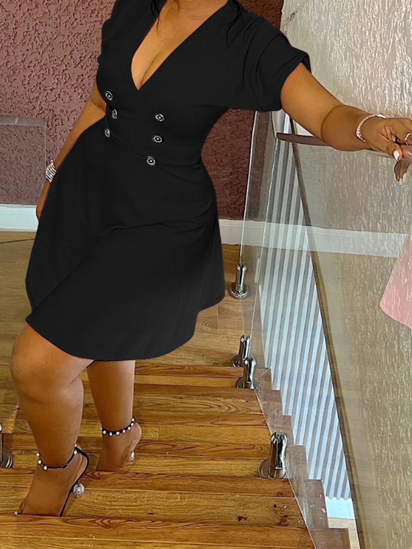 Women Plus Size Dress Ruffle Sleeve V-Neck Summer Casual A-line Dress with Belt Detail and Pockets