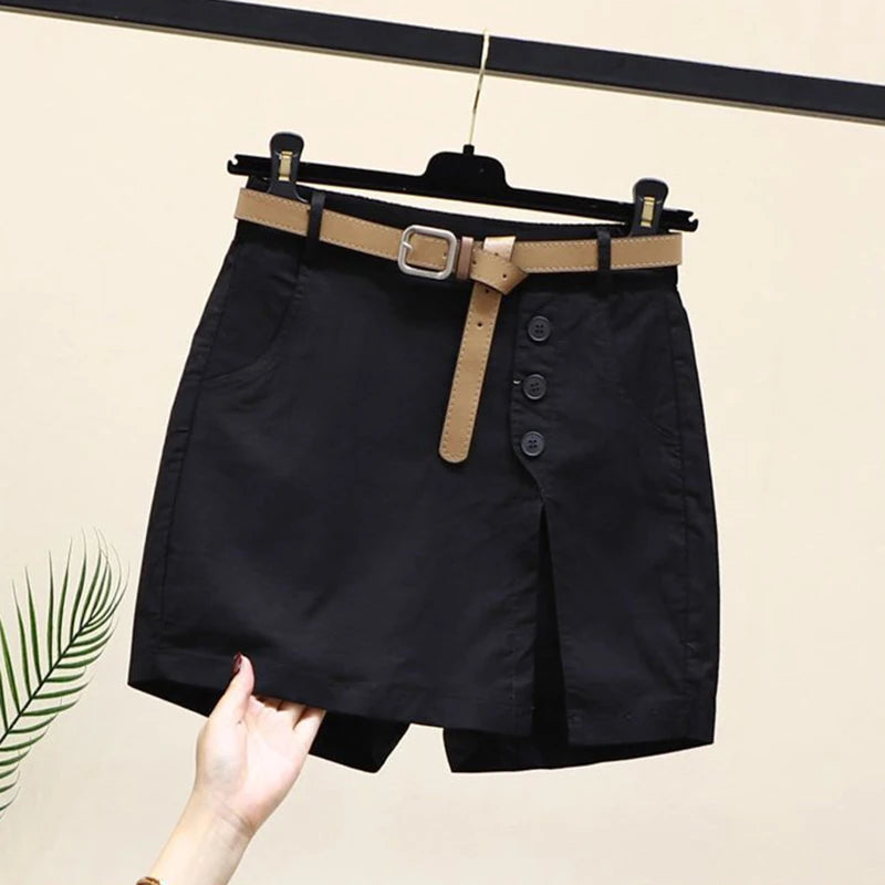 Chic Shorts Women Belt Solid Buttons Side Slit A-line Streetwear Fashion Skirts Chic Summer Loose Pants