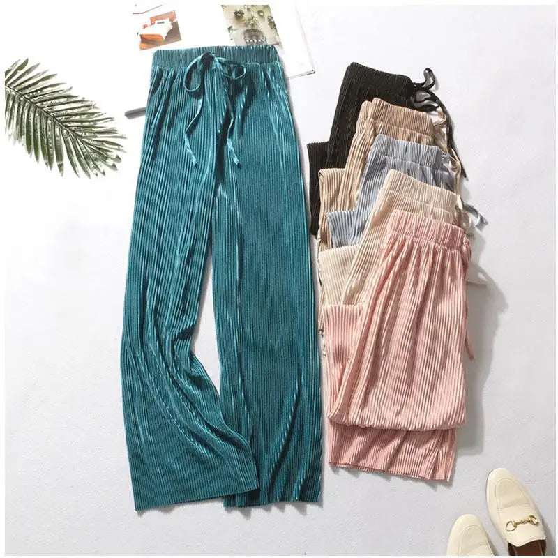 Women's Fashion Summer Wide Leg Pants Pleated Ice Silk Trousers Elastic Waist Loose Casual Pants