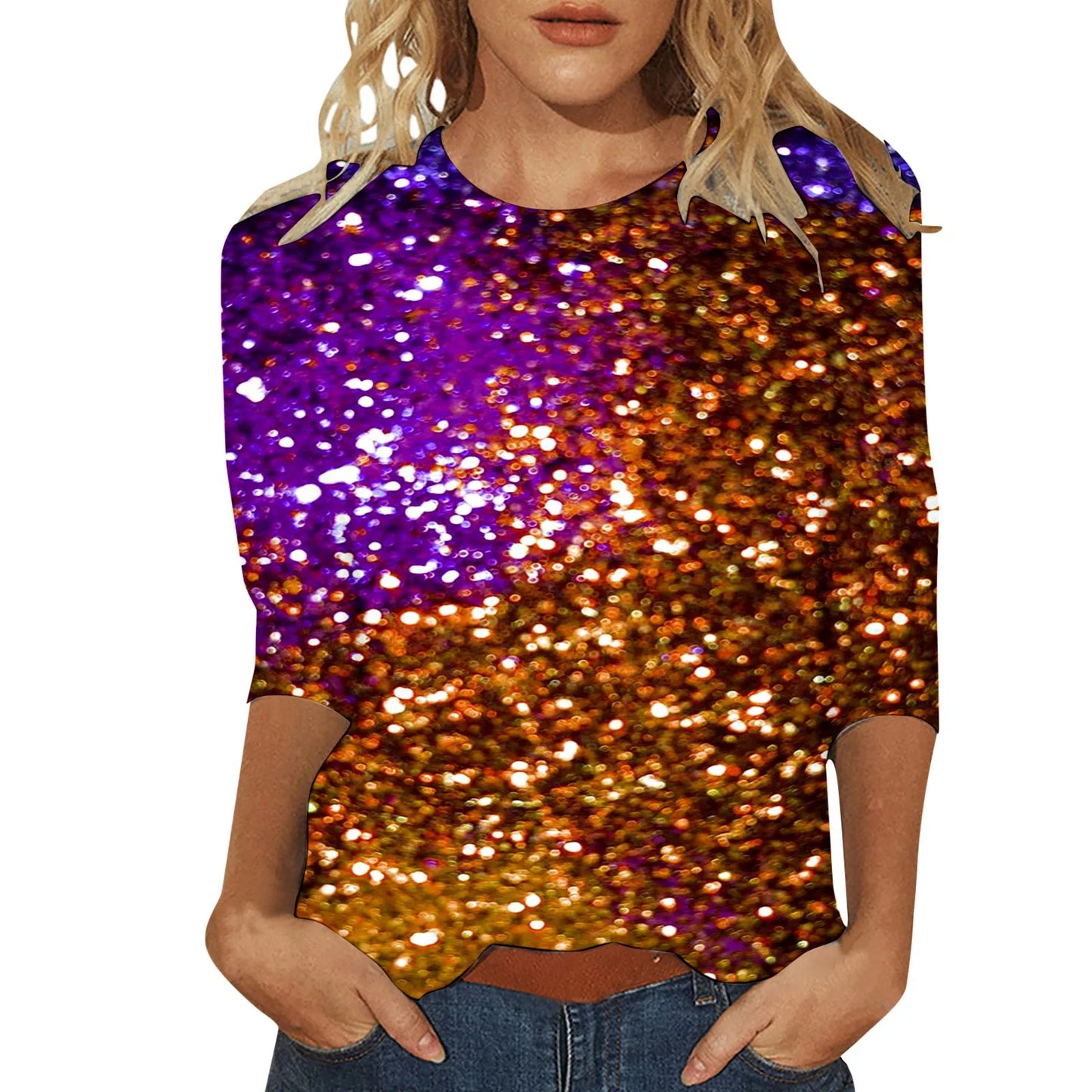 Carnival Printed Women Casual T-Shirts Spring Summer 3/4 Sleeve Round Neck Mardi Gras Clothing Plus Size Festival Party Tees Top