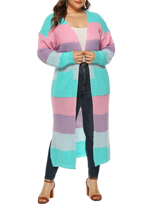 Women s Open Front Long Cardigan Sweater with Pockets Long Sleeve Contrast Color