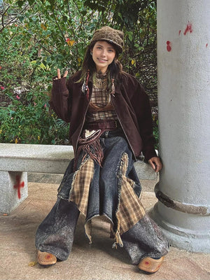 Denim Blue Ombre Asymmetrical Skirt  Retro Tartan Plaid Stitch Maxi Long Overlay