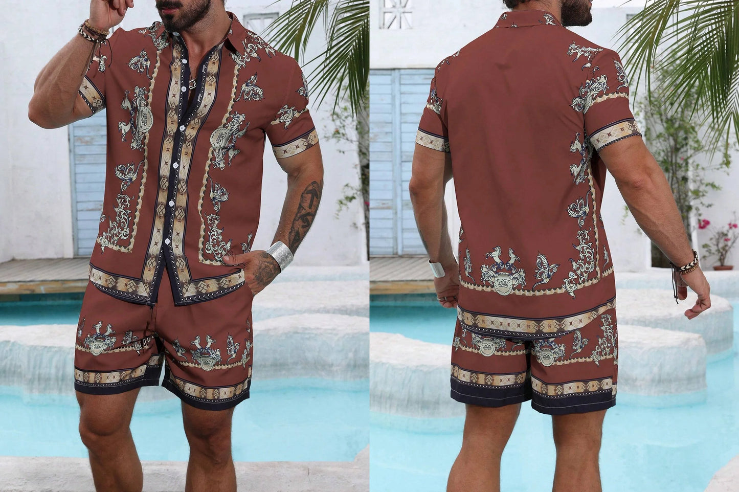 Baroque Luxury Printed Men's Shirt Shorts 2 Piece Set Summer Casual Shirt Hawaiian Beach Short-sleeved Men's Suits Clothing