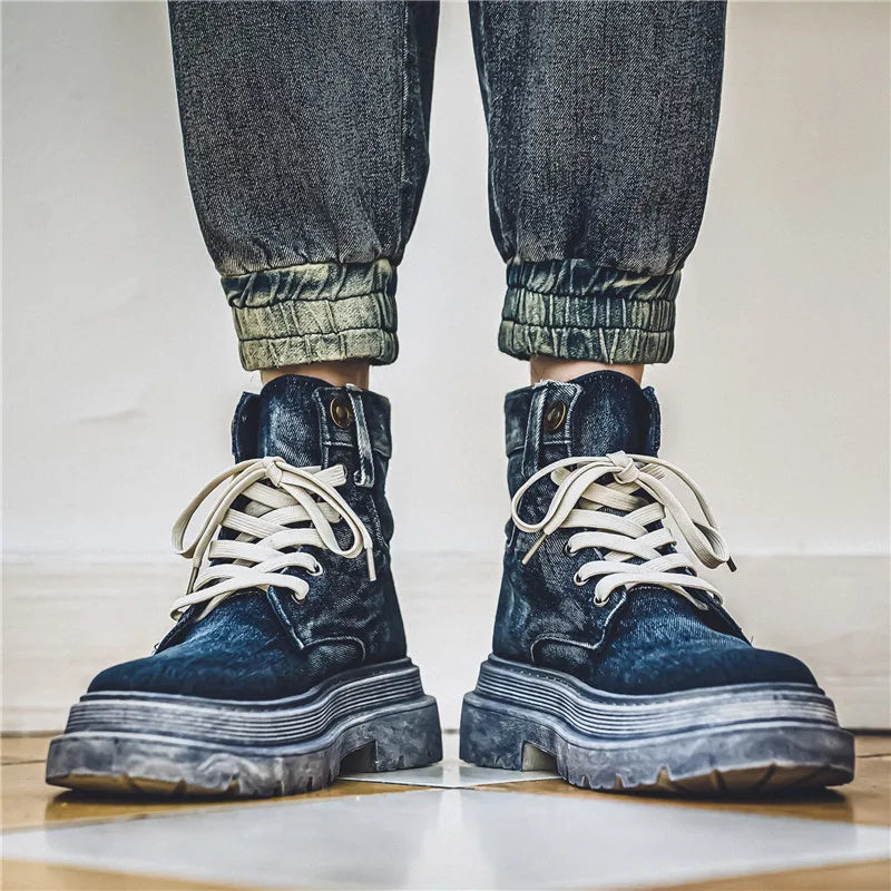 Retro Blue Denim Boots Men Lace-up Platform Men's Tooling Boots Western Basic Boots Men High Top Working Shoe Men Outdoor Boots