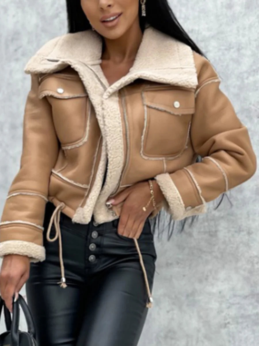 Winter Coat Stylish Long Sleeve Jacket with Zipper Closure and Patchwork Design Featuring Warm Outwear