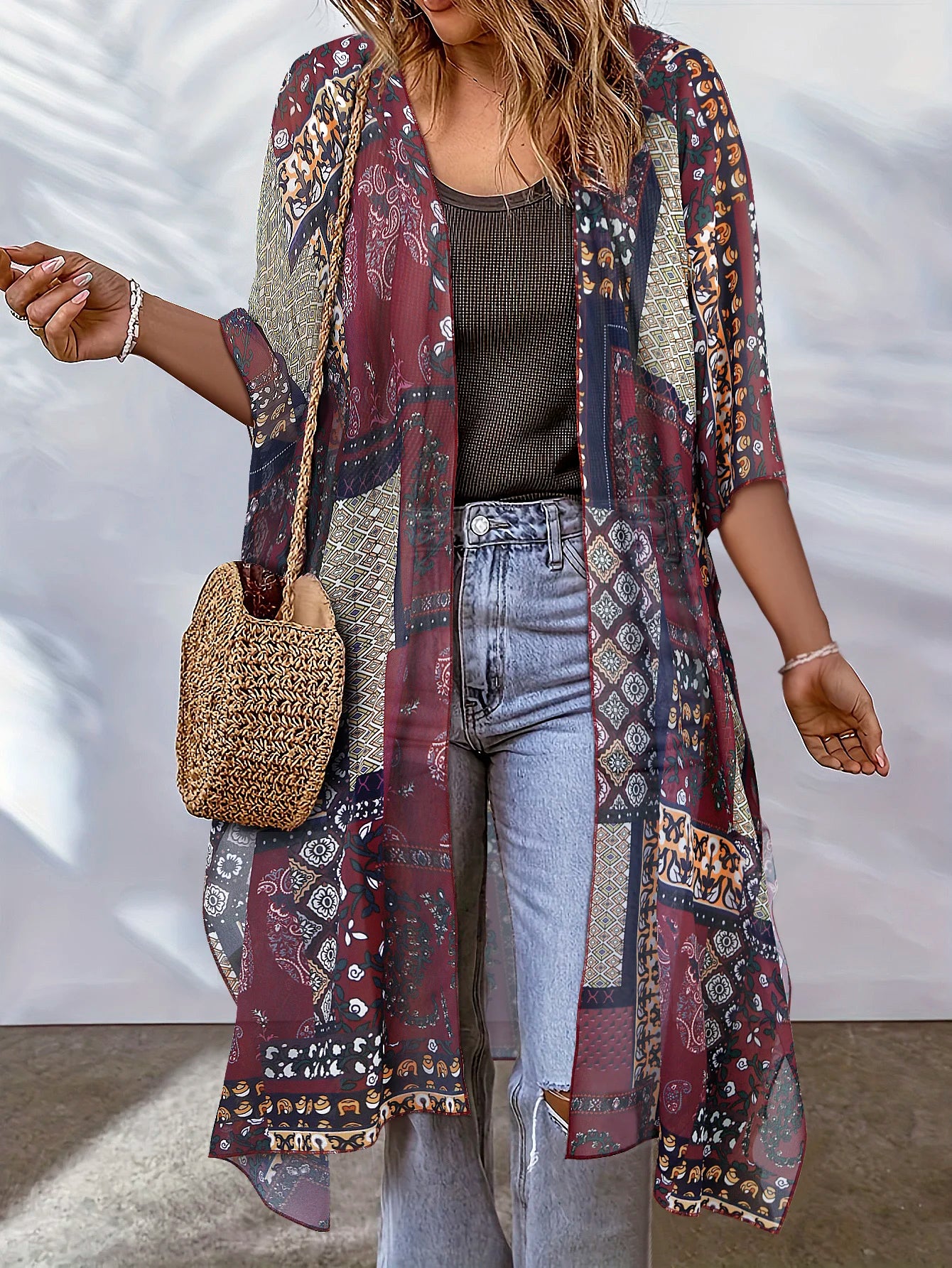 Beach Wear covered luxury women's social shirt fashion top 3D printed batwing sleeve chiffon kimono