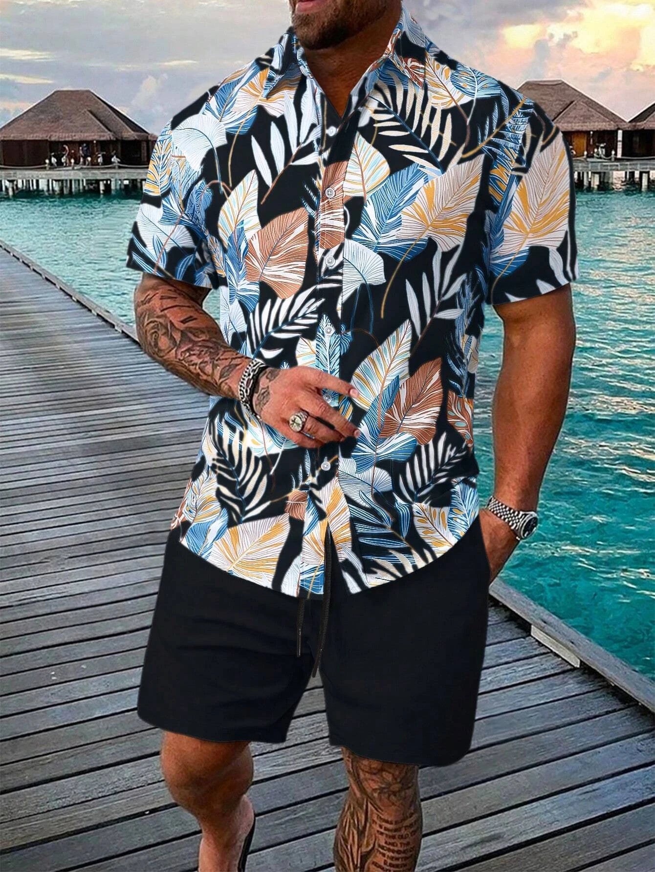 Summer Palm Tree 3D Print Men Shirts Beach Shorts Sets Hawaiian Short Sleeve Shirt Shorts 2 PCS  Hawaiian Suits Street Clothes