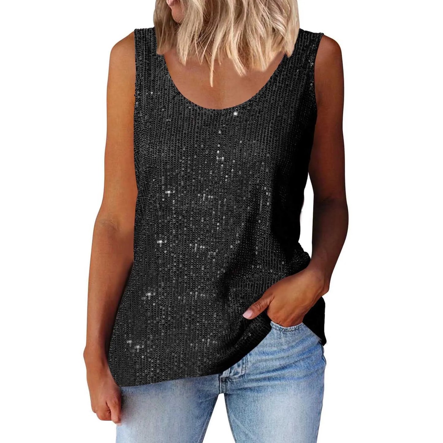 Sequin Women Summer Tank Top Fashion Round Neck Sleeveless Tanks Tops Women Blouses