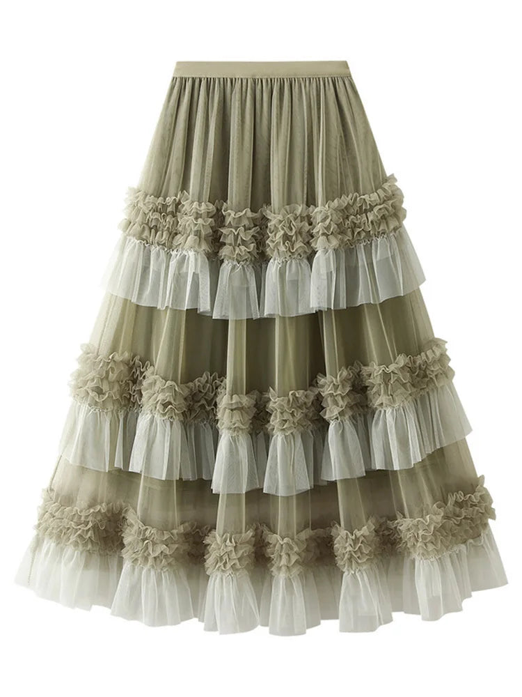 Large Swing Gauze Skirt High Waist Color Block Mesh Ruffles Layers