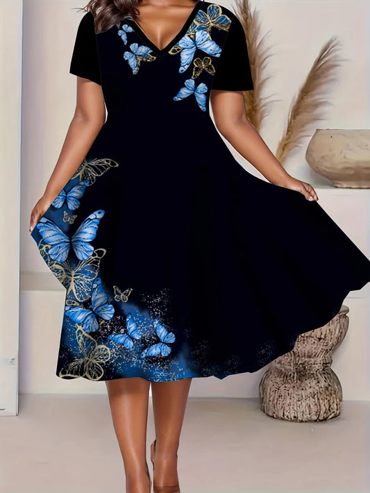 Plus Size Women's Casual Dresses Short Sleeve Summer Sundress with Pockets V Neck Swing Maxi Dresses
