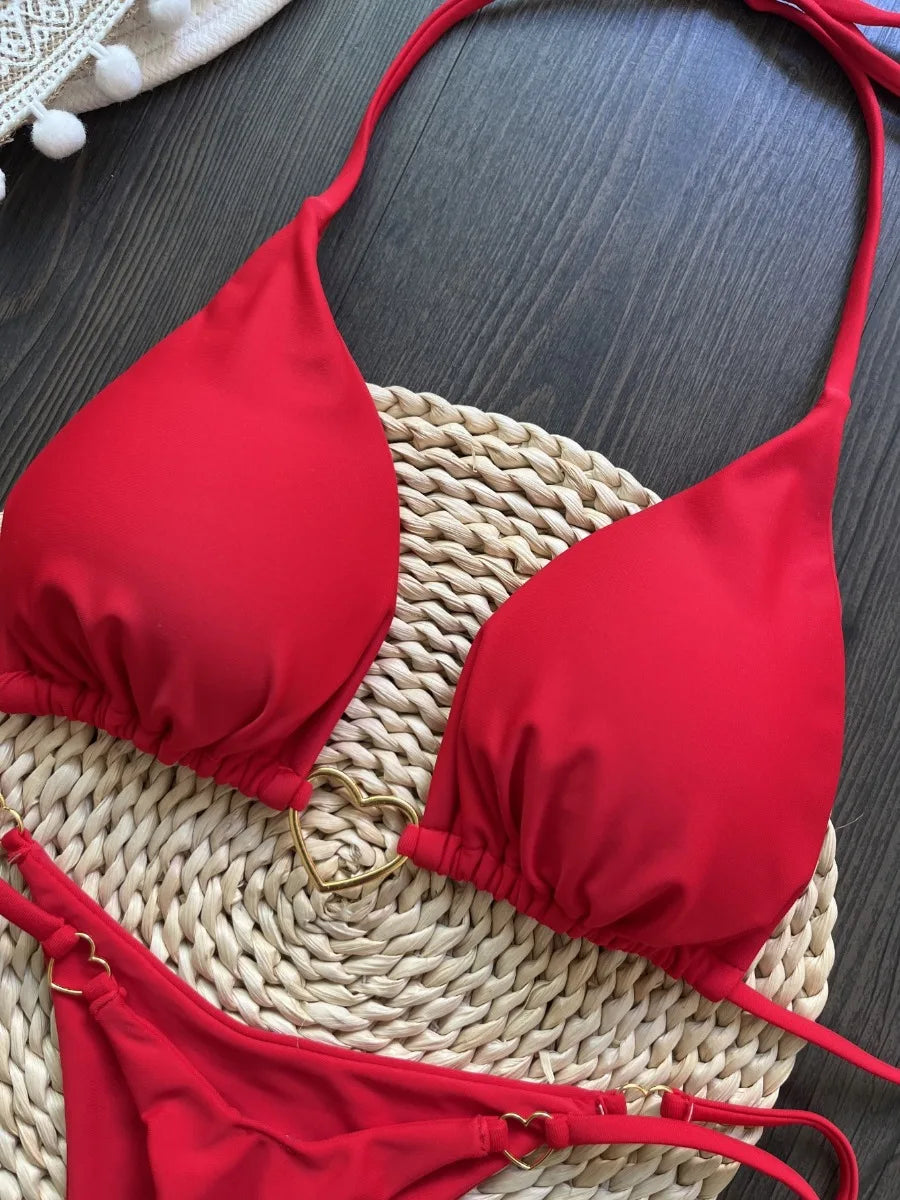 Red Solid Color Bikini Set for Women Triangle Cup Halter Backless Swimsuit  Beach Vacation Thong Swimwear