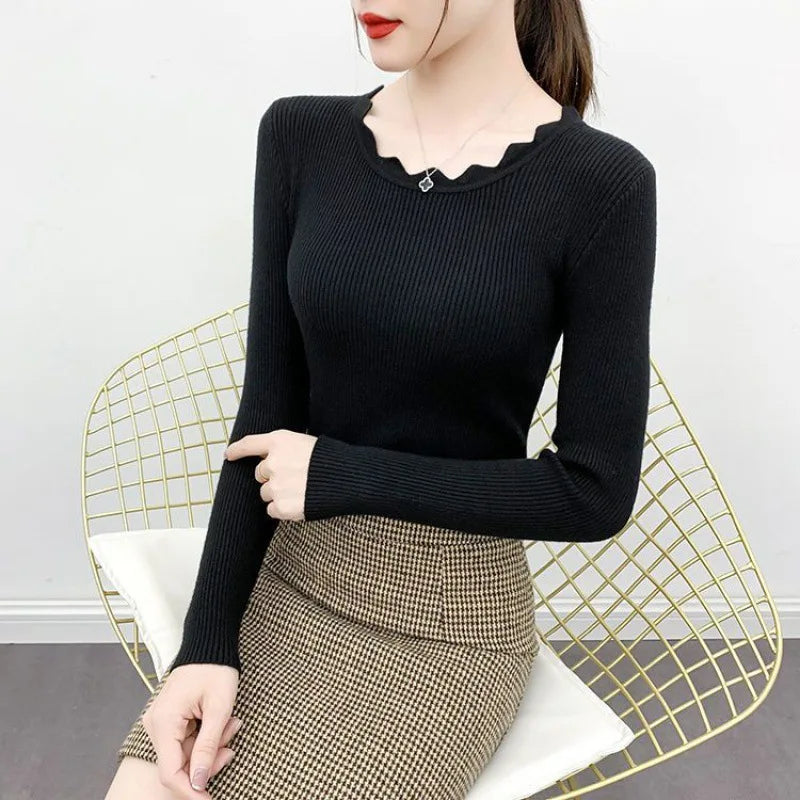 Fashion Long Sleeve Elegant O-neck Women Sweater Autumn Solid  Knitted Tops Winter Casual Pullover Jumper