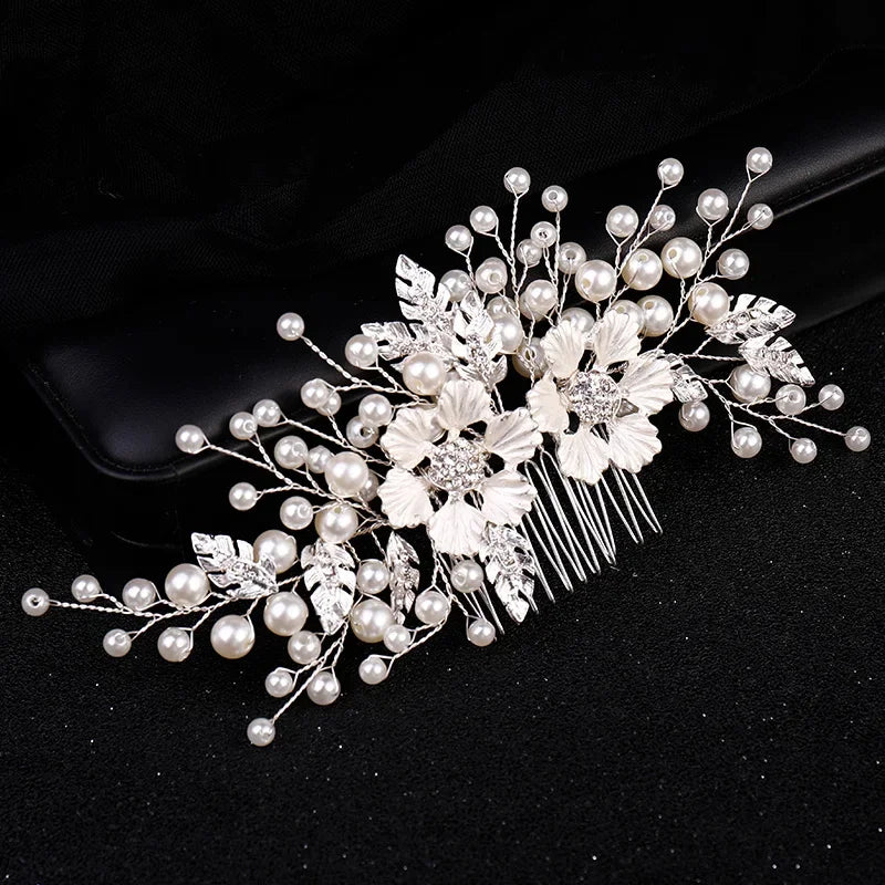 Silver Color Flower Pearl Rhinestone Hair Comb Headband Hair Accessories For Women  Headband Hair Jewelry