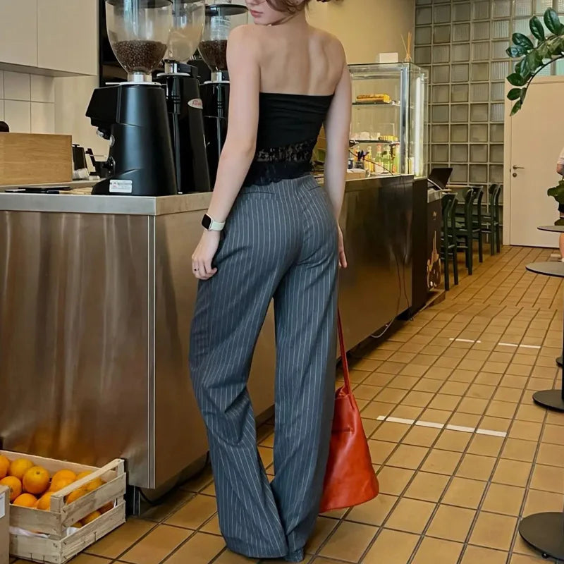 Women's Formal Pants Office Wear Women Striped Grey Black Cream Pants Woman High Waist Suit Pants Casual Wide Leg Trousers