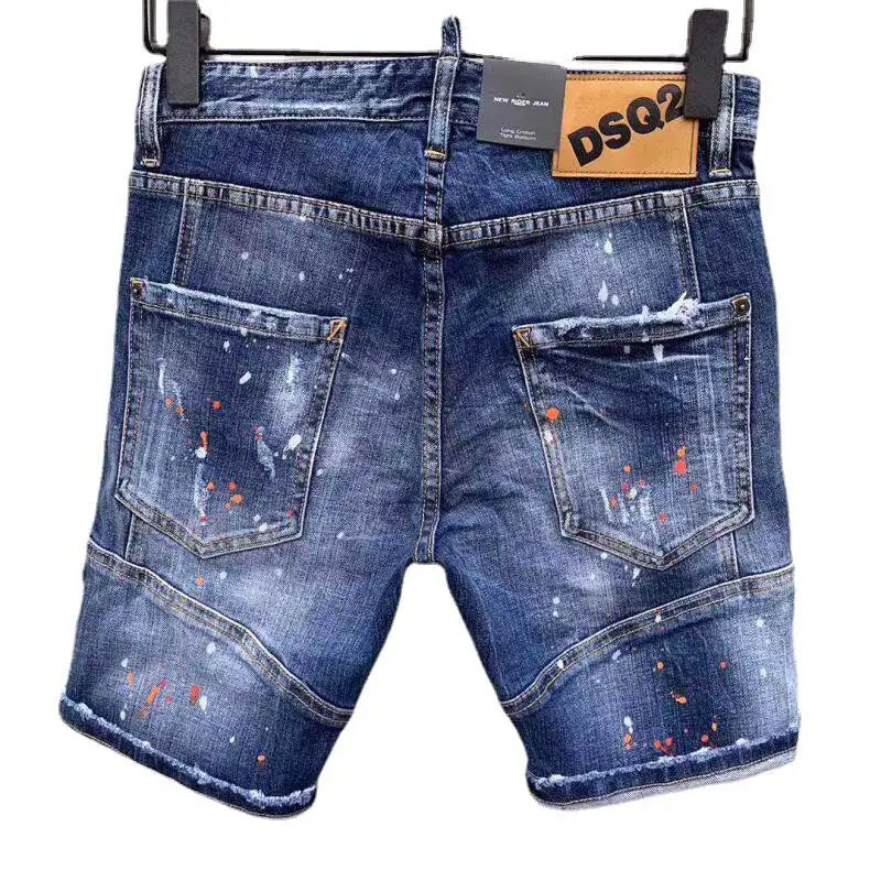 European and American Shorts with Gold Leather Strip Zipper Decoration, Holes, White Primer, Fashionable Unisex