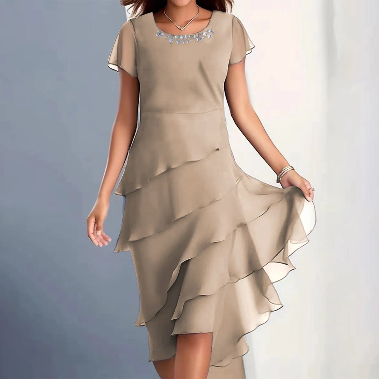 Women's Summer Elegant Solid Color Ruffles Pleated Party Dress Fashion Diamonds Patchwork O-neck Swing Hem Evening Prom Dress