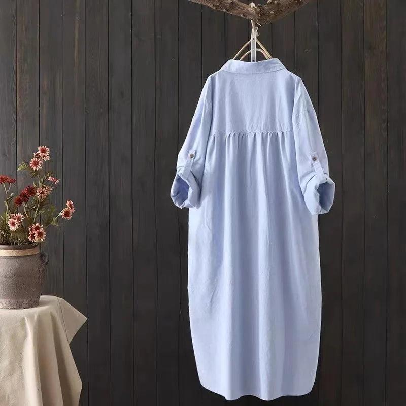Women Cotton Embroidery Loose Long Shirts Casual Office Lady Blouse Female Top Loose shirt