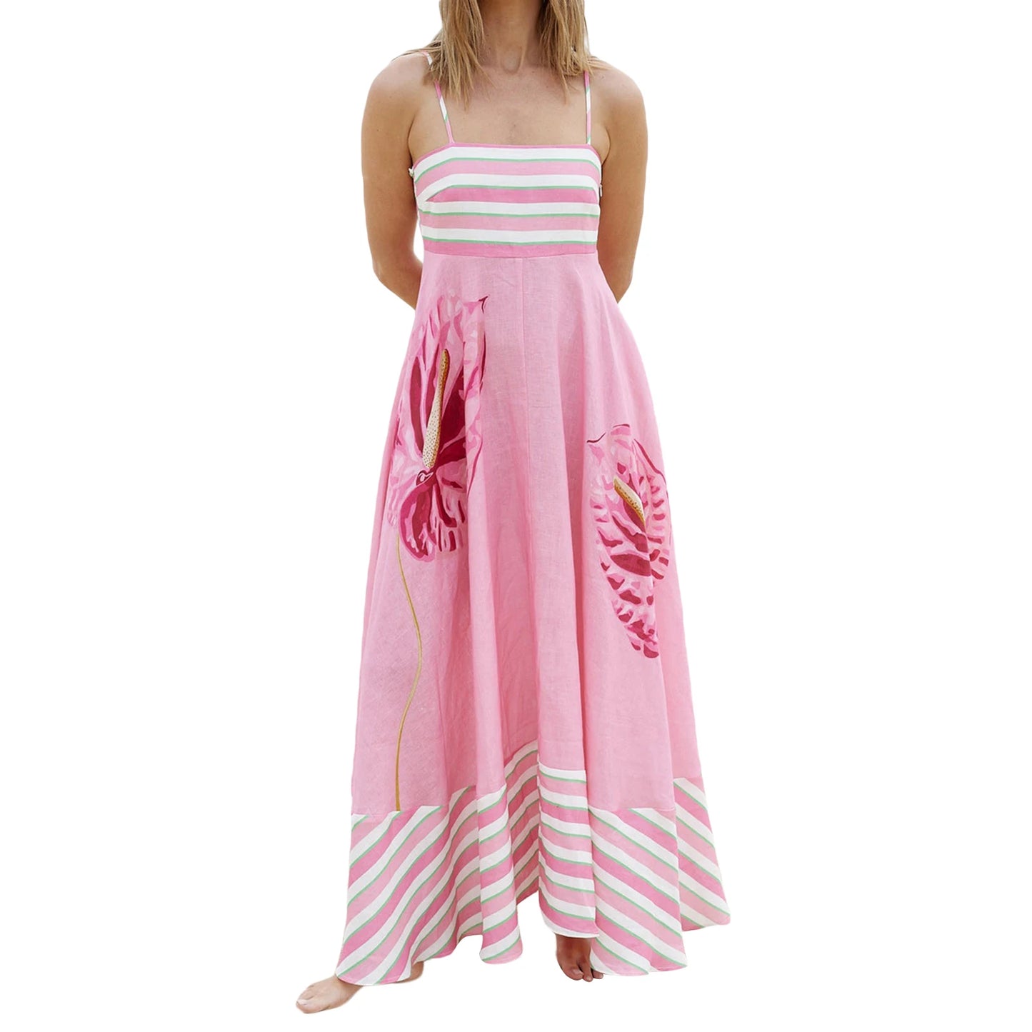 V-Neck Maxi Dress Boho Floral Print Sleeveless Flowy A-Line Beach Party Dress with Pockets