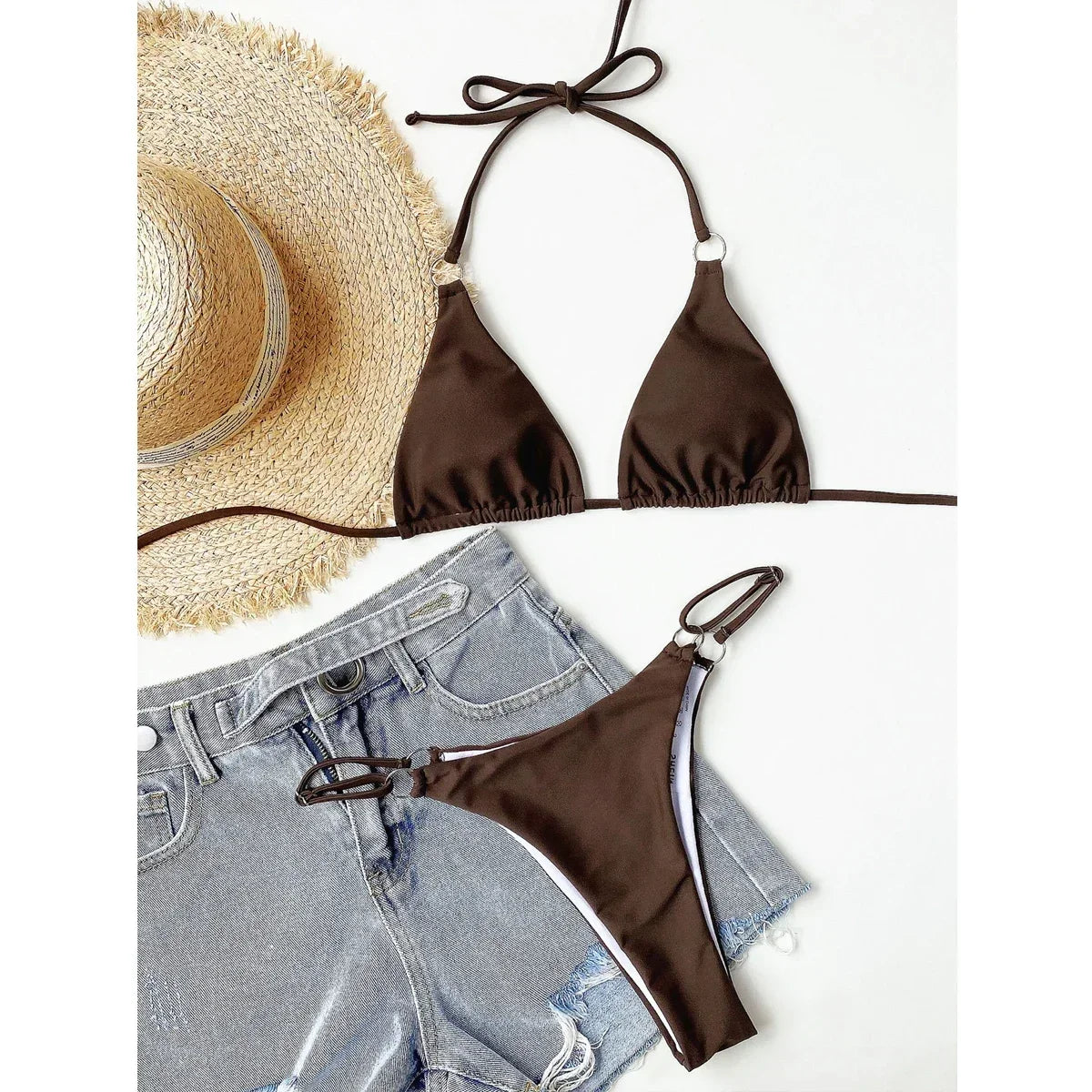Solid Color Swimsuit Women 2 Piece Bikini  Triangle Cup Halter Lace-up Backless Bathing Suit Low Waist Summer Beachwear