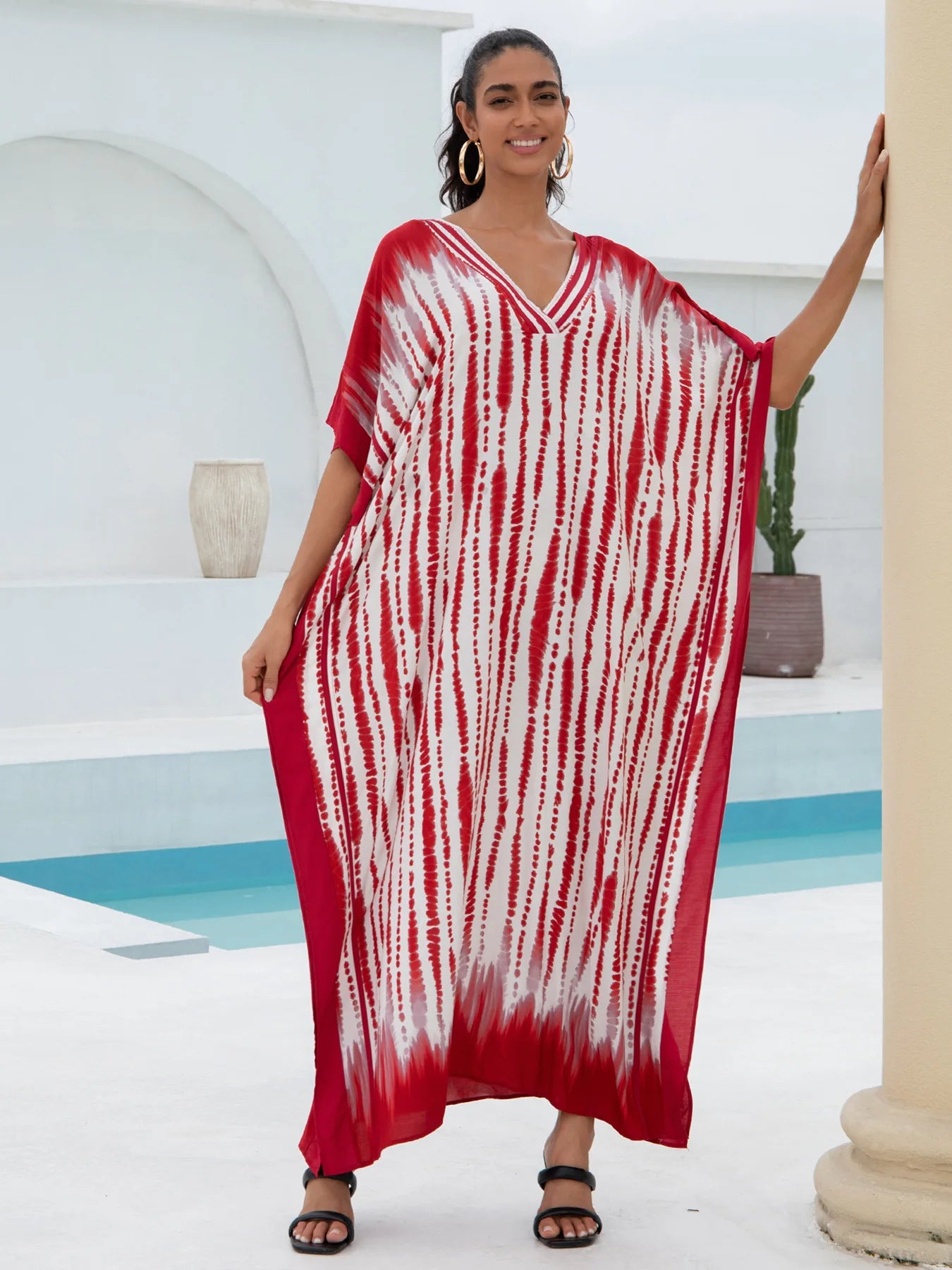 Red Stripe Women  Loose Fitting Long Robe Beach Vacation V-neck Sunscreen Clothing