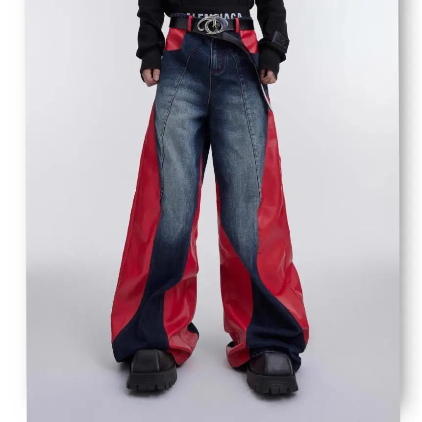 Retro Washed Splicing Jeans PU Leather Baggy Jeans Straight Casual Black Denim Trousers Streetwear