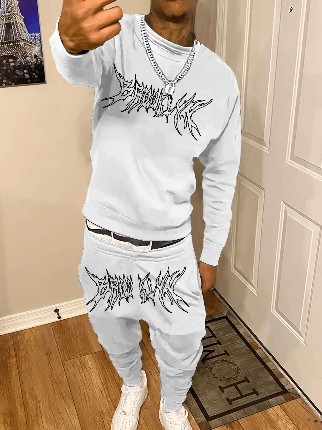 Autumn Trendy  Sweatshirt Sweatpants Set Men's Daily Loose Casual Fit Printed Hundred Long Sleeve Sweatshirt 2 pieces Set