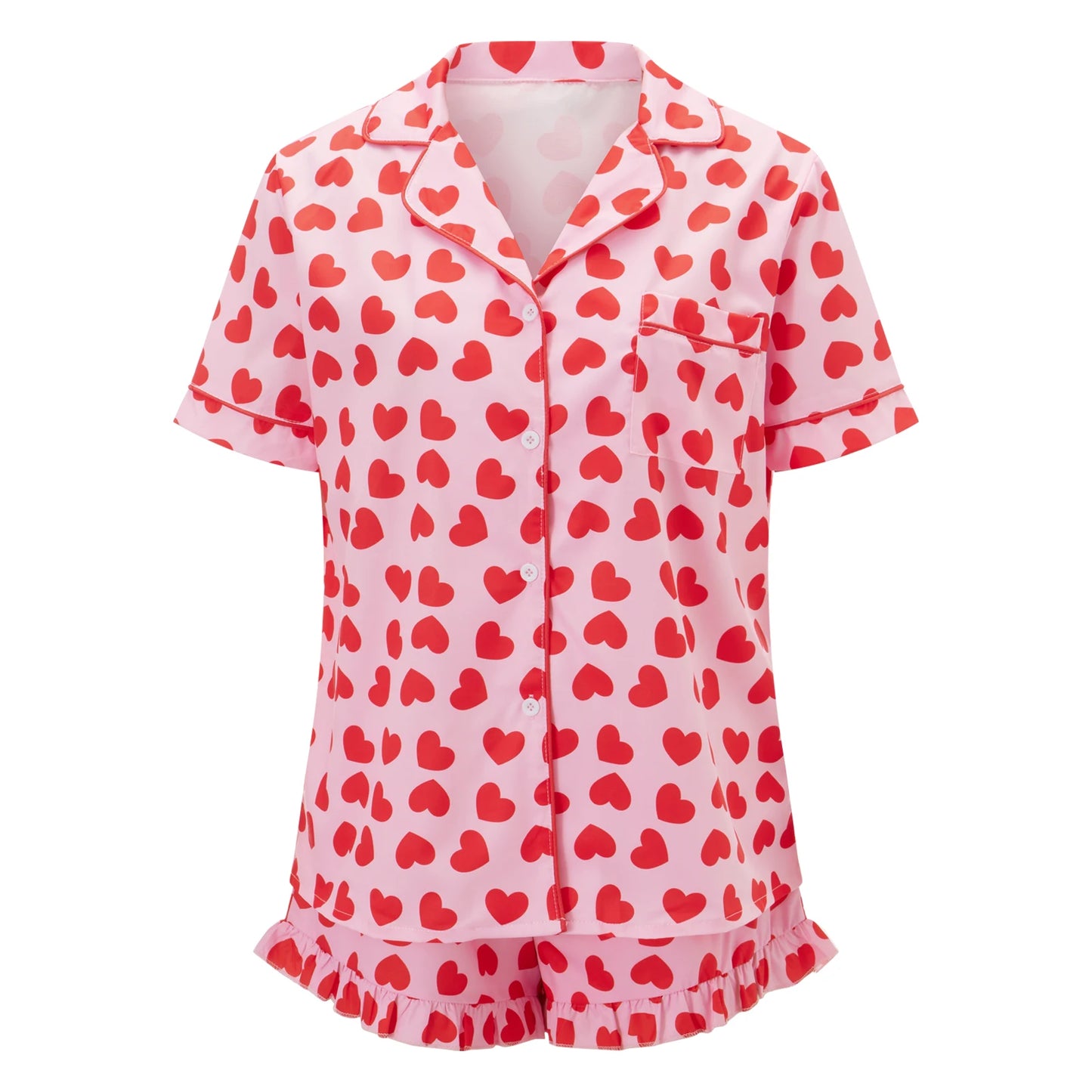 Valentine s Day Pajama Set with Heart Print Short Sleeve Top and Drawstring Shorts  Loungewear Set