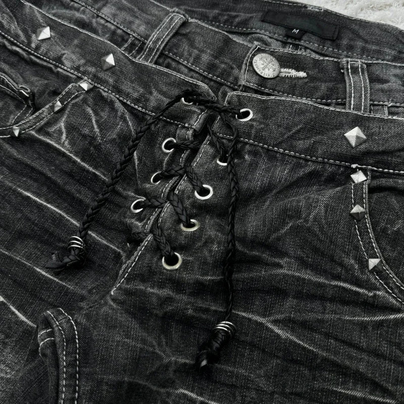 High Waisted Jeans vintage Embroidery high quality  Double Waisted Lace Up Women Jeans Goth Design Sense Trousers streetwear