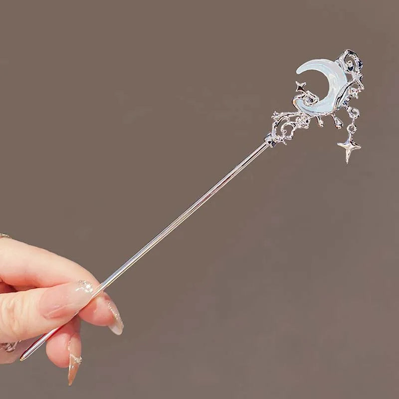 Vintage Moonstone Star Moon Hair Sticks for Women Chinese Style Cross Tassel Hairpin Disk Hair Chopsticks Hair Accessories