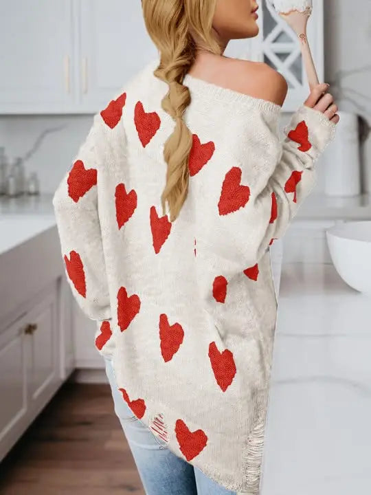 Cute Heart Print Sweaters Oversized Off The Shoulder Loose Knitted  Pullover