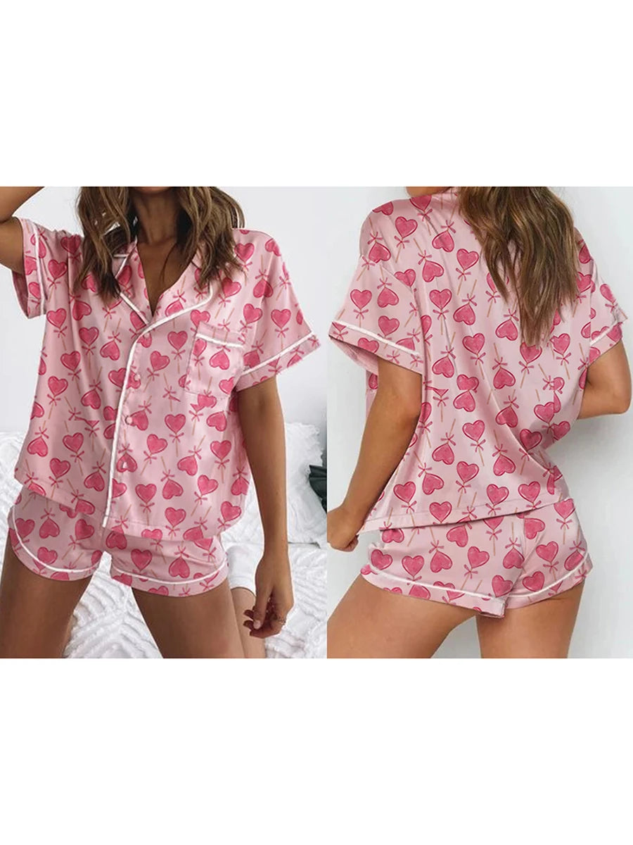 Valentine s Day Silk Pajamas Set with Lace Trim Short Sleeve Heart Floral Print Shirt and Shorts