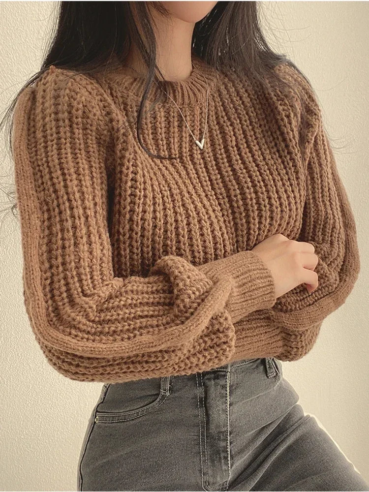 Loose Vintage  Lantern Long Sleeve Women Sweater  Autumn Winter Knitwear Soft Warm Tops Chic Solid Femme Sweater