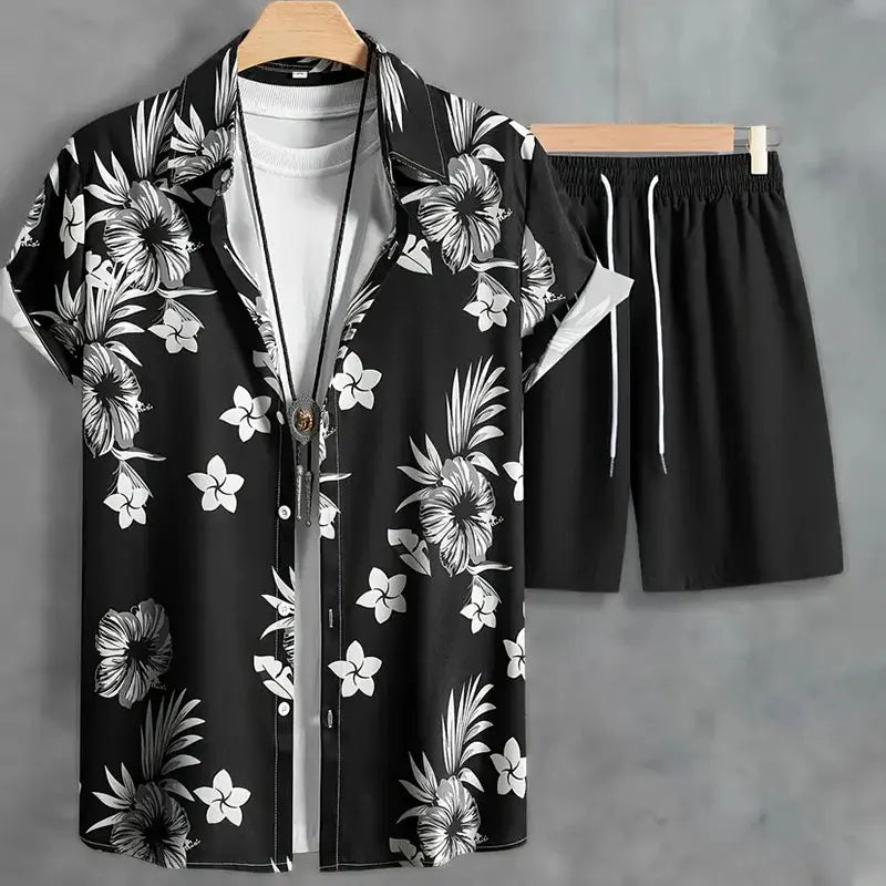 Fun 3D Flower Pattern Men's Hawaiian Shirt Sets Summer Short Sleeve Tops Beach Shorts 2 Piece Casual Vacation Outfit Clothing