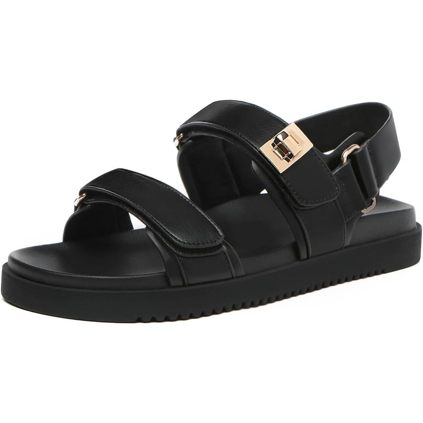 Women's Flat Sandals Comfort Adjustable Double Strap Slip on Leather Footbed Sandals for Women