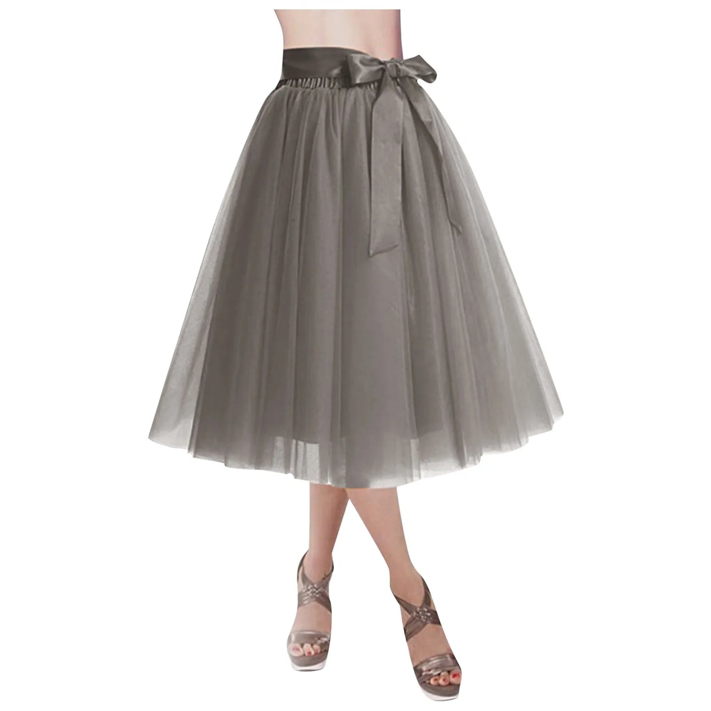 Women's Knee Length Mesh  Skirt Solid Color Elegant Elastic High Waist A-Line Petticoat