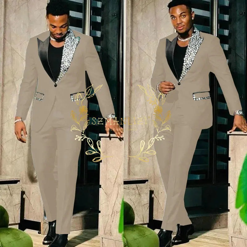 Suits for Men Slim Fit Single Breasted Peak Lapel Blazer High Quality Crystal Prom Party 2 Piece Jacket Pants Sets Terno